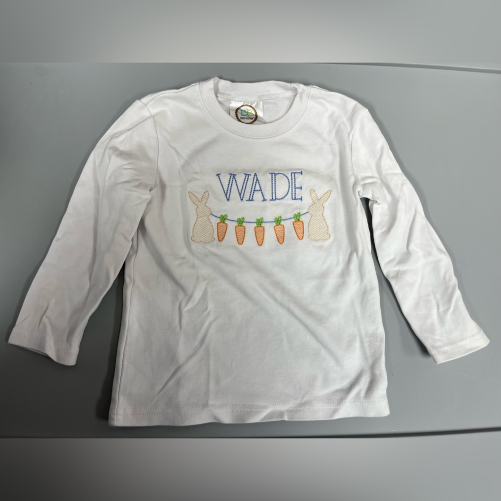 White Little Boy’s Shirt with Bunny and Carrot Design - Wade embroidered on it